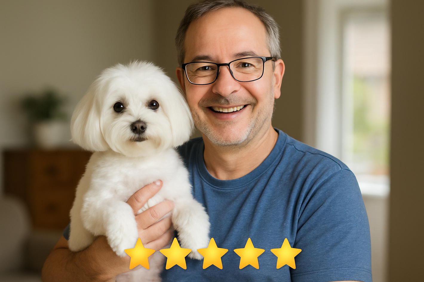 Man with small white dog for customer review