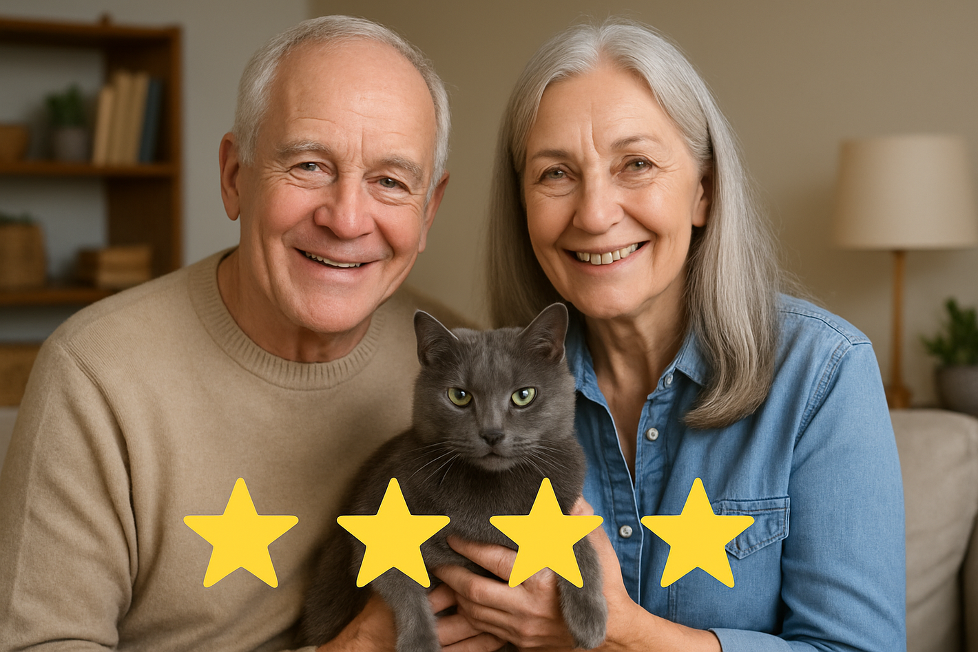 Senior couple with cat for customer review