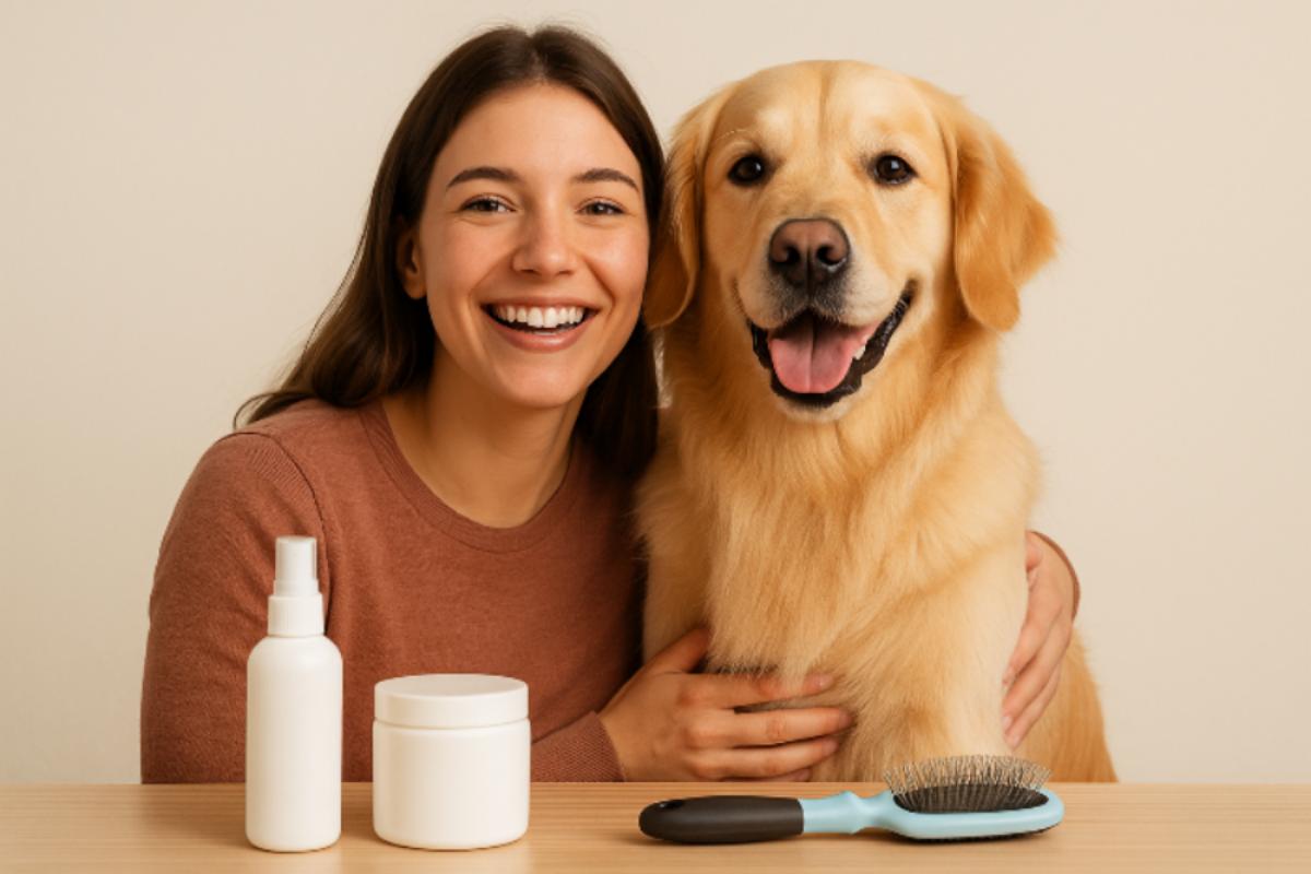 Woman with golden retriever for customer review